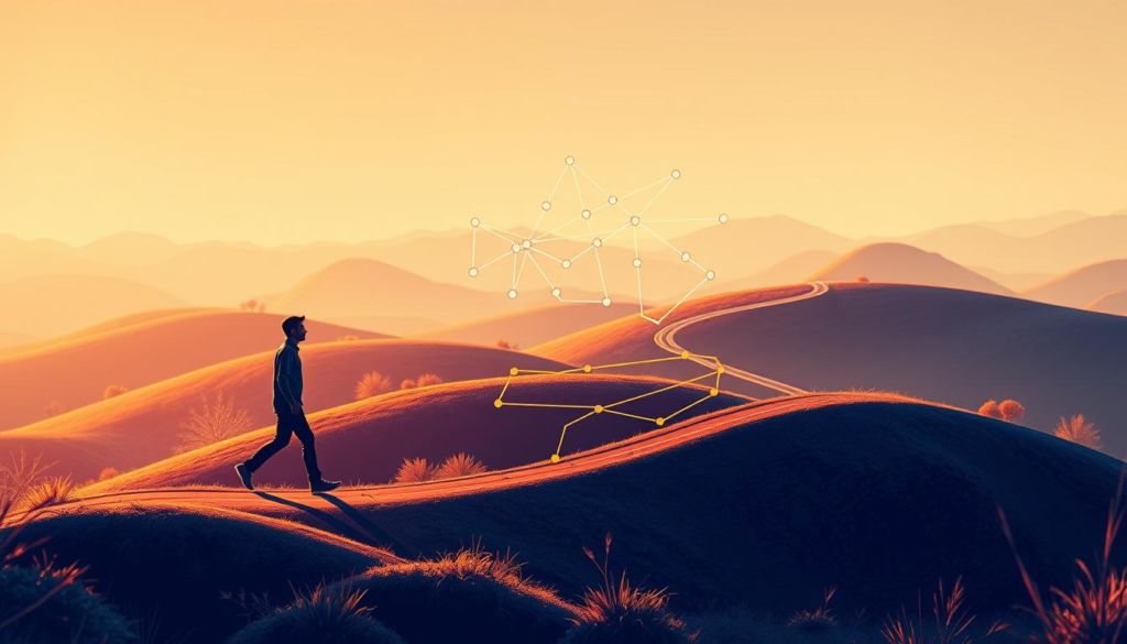 A dynamic and visually compelling illustration of the lead nurturing workflow. In the foreground, a stylized human figure thoughtfully navigates a winding path, representing the lead's journey through the various stages of the nurturing process. The middle ground features a series of interconnected nodes and pathways, symbolizing the intricate web of touchpoints, content, and interactions that guide the lead along the way. In the background, a vibrant, abstract landscape suggests the broader context of the brand's marketing ecosystem, with subtle hints of the company's visual identity. Warm, directional lighting casts a sense of depth and dimension, while a slightly elevated camera angle provides an overview of the scene. The overall mood is one of purposeful progress, seamless integration, and strategic guidance - encapsulating the essence of "Implementando o Fluxo de Nutrição de Leads".