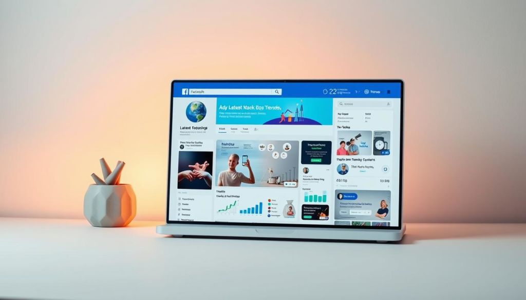 A dynamic and visually engaging Facebook feed, showcasing the latest trends and insights for businesses. Set against a sleek, minimalist backdrop, the feed displays a curated selection of eye-catching posts, infographics, and visual analytics. The foreground features a smooth, scrolling interface with intuitive navigation, while the middle ground highlights shareable content tailored to the company's target audience. The background subtly blends a soft, gradient-based color scheme with subtle textures, creating a professional and sophisticated atmosphere. Warm, diffused lighting casts a subtle glow, accentuating the clarity and vibrancy of the digital content. The overall composition conveys a sense of modern, data-driven insights that empower businesses to stay ahead of the curve on Facebook.