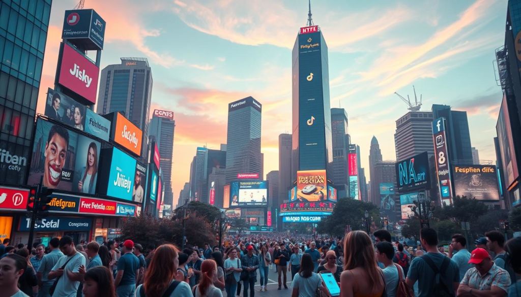 A dynamic and visually engaging cityscape, with a vibrant social media landscape as the central focus. In the foreground, a bustling city intersection teems with diverse individuals immersed in their digital devices, their faces illuminated by the glow of smartphone screens. In the middle ground, towering skyscrapers rise, their facades adorned with social media logos and icons, symbolizing the pervasive influence of online platforms. The background features a dreamy, pastel-hued sky, with wisps of clouds and a warm, diffused lighting that casts a sense of modern, technologically-driven wonder. The overall composition conveys the seamless integration of social media into the fabric of contemporary urban life.
