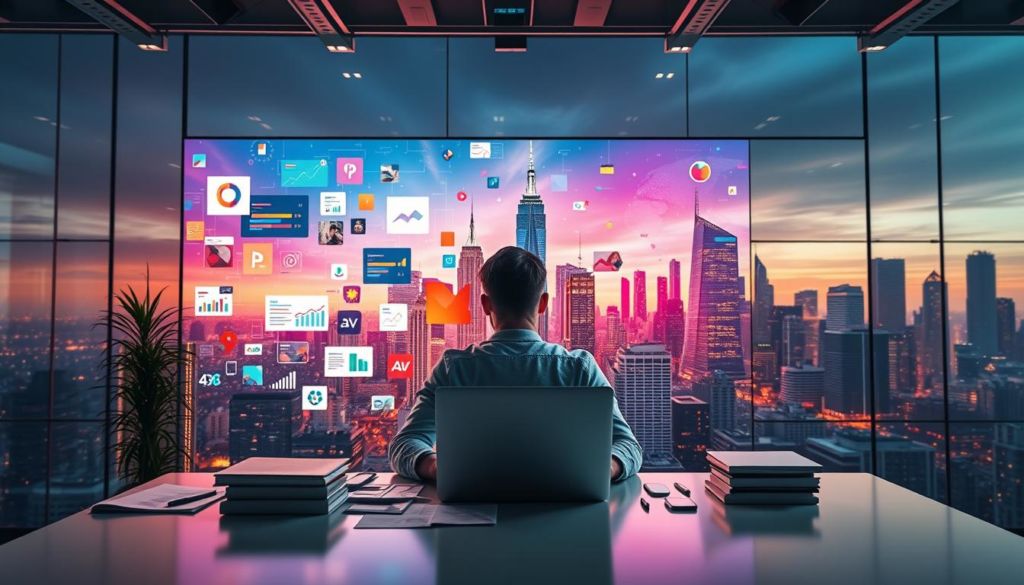 A dynamic and visually engaging image showcasing continuous marketing development. In the foreground, a person sits at a desk, deeply engaged with a laptop, surrounded by an array of data visualizations, marketing materials, and digital devices. The middle ground features a backdrop of vibrant colors, geometric shapes, and a sense of movement, symbolizing the ever-evolving nature of the marketing landscape. In the background, a cityscape with towering skyscrapers and a bustling urban environment suggests the fast-paced, global context in which modern marketing strategies are implemented. The lighting is a balanced mix of warm and cool tones, creating a sense of professionalism and innovation. The overall atmosphere conveys a feeling of progress, adaptation, and a relentless pursuit of marketing excellence.