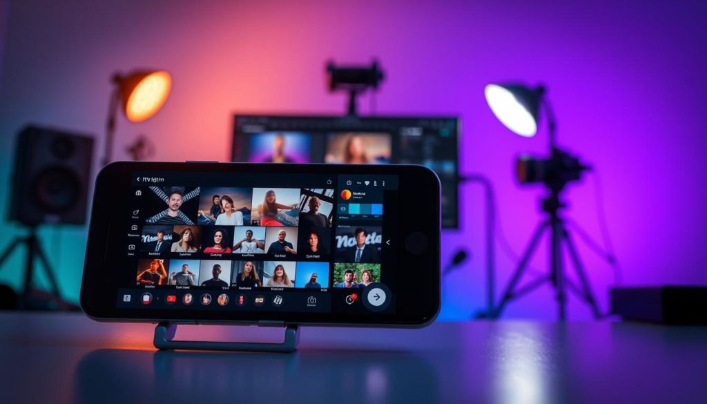 A dynamic and visually striking image of "instagram igtv dicas" for the "Edição de Vídeos para IGTV" section. In the foreground, a sleek mobile device displays the Instagram IGTV interface, showcasing a series of engaging video thumbnails. The middle ground features a professional video editing suite with various tools and software windows open, hinting at the process of crafting compelling IGTV content. The background is a soft, blurred gradient in shades of blue and purple, creating a modern, tech-savvy atmosphere. The lighting is a combination of warm, directional light from the device screen and cool, ambient lighting from the editing setup, lending depth and dimension to the scene. The overall composition evokes a sense of creativity, innovation, and the power of visual storytelling on the Instagram platform.