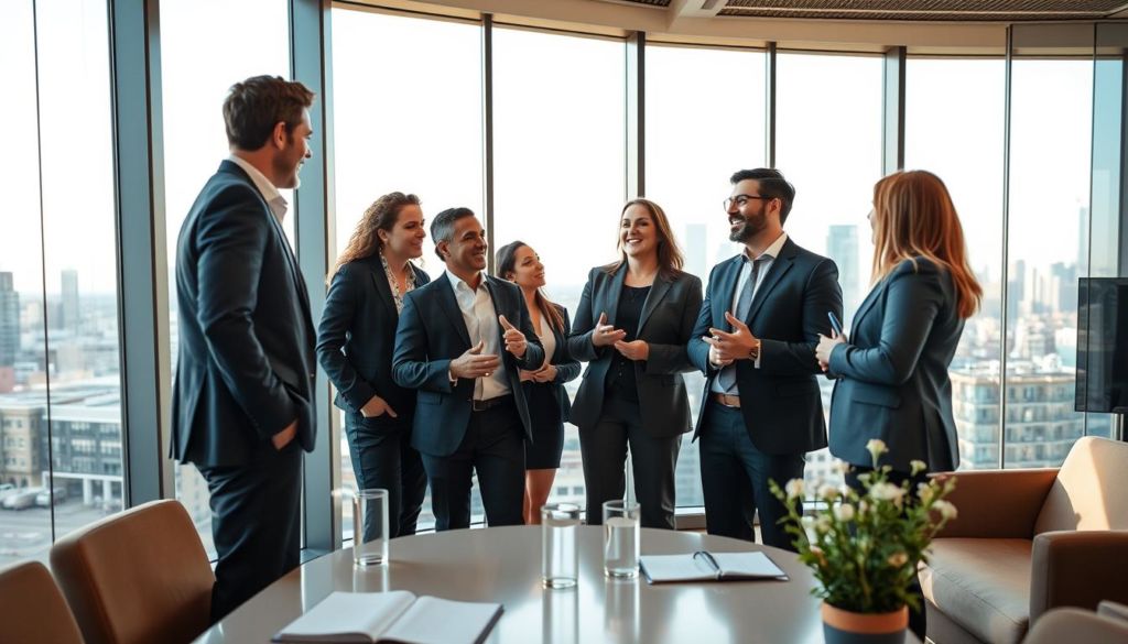A dynamic business meeting with successful professionals exchanging ideas and strategies. The foreground depicts a group of well-dressed individuals engaged in an animated discussion, their expressions showcasing confidence and enthusiasm. The middle ground features a sleek, modern office setting with large windows, allowing natural light to pour in and create a sense of openness and progress. In the background, a city skyline is visible, hinting at the broader context of a thriving commercial environment. The lighting is warm and inviting, creating a professional yet approachable atmosphere. The camera angle is slightly elevated, providing a bird's-eye view that captures the collaborative and inspiring nature of the successful prospecting process.