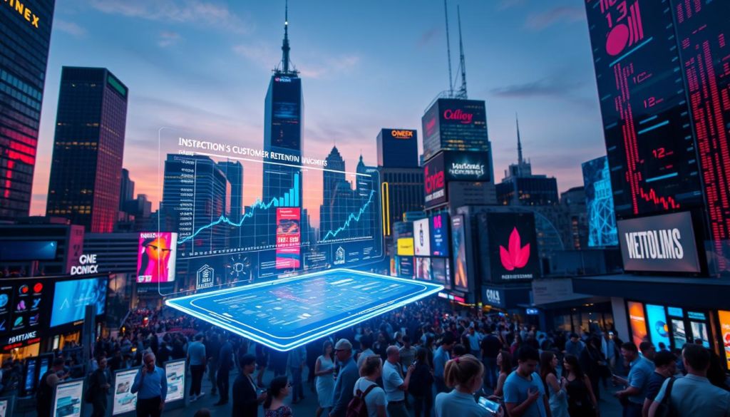A dynamic cityscape at dusk, where towering skyscrapers and bustling streets are illuminated by a vibrant array of digital displays and holographic projections. In the foreground, a sleek, futuristic interface hovers, showcasing analytical data and customer retention insights. The middle ground features a diverse crowd of customers interacting with interactive kiosks and mobile devices, while the background is a tapestry of interconnected technology, from server racks to glowing data streams. The overall scene conveys a sense of technological innovation and the power of data-driven strategies to combat customer churn.