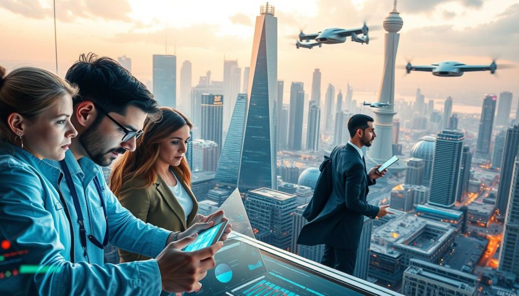 A dynamic cityscape of the future, where the sales operations team orchestrates a symphony of data, automation, and strategic insights. In the foreground, a team of analysts pore over holographic dashboards, their expressions intense as they uncover hidden patterns. In the middle ground, an AI assistant guides a sales representative through a hyper-personalized customer interaction, seamlessly optimizing the sales funnel. The background is a futuristic skyline, with towering skyscrapers and flying vehicles, all powered by the latest advancements in sales operations technology. The scene is bathed in a warm, ambient glow, conveying a sense of efficiency, innovation, and the promise of a data-driven sales future.