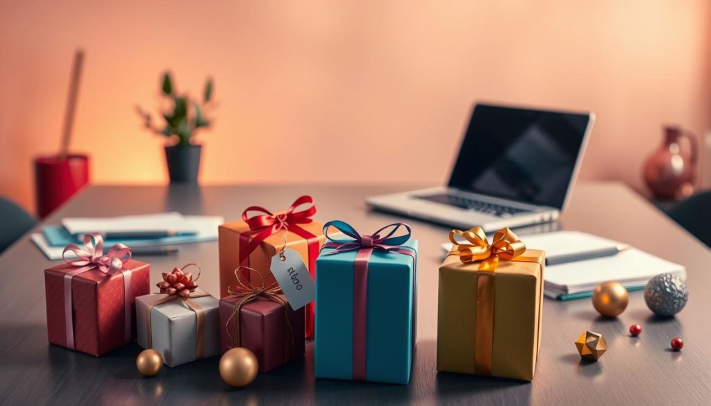 A dynamic commercial proposal with enticing incentives and promotions prominently displayed. In the foreground, a vibrant array of gift boxes, discount tags, and reward symbols capture the viewer's attention. The middle ground features a sleek, minimalist desk setup with a laptop, pen, and documents, conveying a professional, business-oriented atmosphere. The background subtly blends warm lighting, soft gradients, and elegant shapes, creating a polished, aspirational vibe. The overall scene evokes a sense of opportunity, value, and the potential for success, inviting the audience to engage with the commercial proposal.