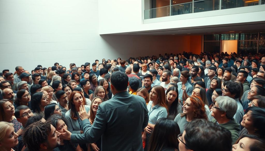 A dynamic crowd of diverse individuals, engaged and connected, filling a vibrant public space. In the foreground, a charismatic figure stands, gesturing passionately while a sea of faces turn towards them, eyes alight with interest and curiosity. The middle ground teems with a tapestry of expressions, from rapt attention to lively discussion, as the audience actively participates. In the background, a minimalist yet architecturally striking setting, with clean lines and warm lighting, frames the scene, evoking a sense of openness and community. The overall mood is one of energetic exchange, where ideas flow freely and a shared sense of purpose unites the gathering.