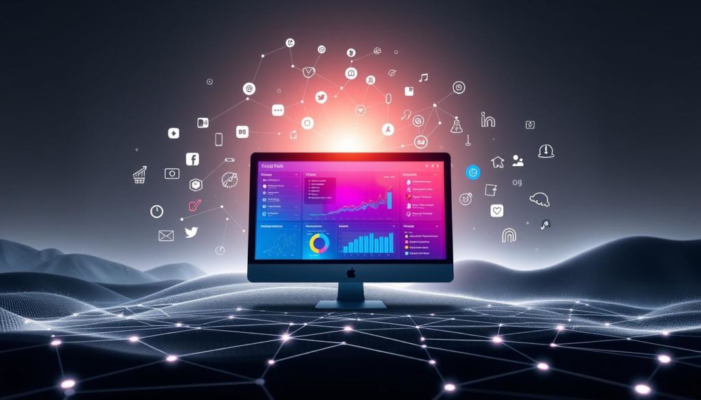 A dynamic digital landscape unfolds, showcasing the seamless integration of social media networks and data analysis. In the foreground, a sleek computer monitor displays a vibrant dashboard, highlighting key metrics and insights. Surrounding it, a constellation of social media icons and data visualization tools create a sense of interconnectedness. In the middle ground, abstract shapes and geometric patterns suggest the flow of information, while a subtle glow emanates from the display, casting a warm, futuristic ambiance. The background features a minimalist, monochromatic setting, allowing the technological elements to take center stage and convey the power of integrated social media analytics.