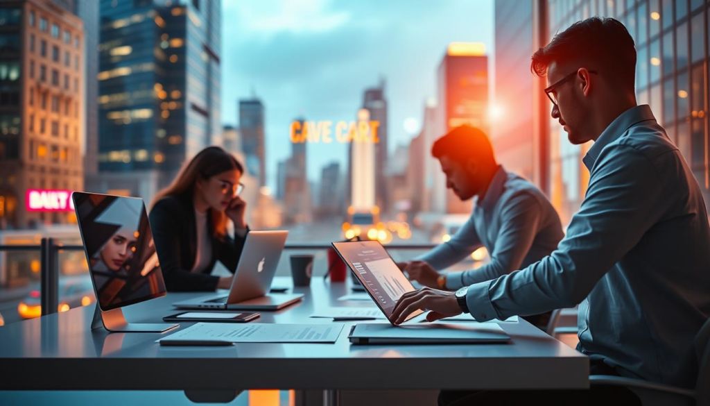 A dynamic digital marketing case study scene, with a stylish and contemporary visual aesthetic. In the foreground, a team of digital marketers poring over analytics data and strategizing on a sleek, minimalist desk setup. In the middle ground, a large digital display showcases key performance metrics and customer insights. The background features a blurred city skyline, reflecting the urban, fast-paced nature of the digital marketing industry. The lighting is warm and focused, creating a sense of focus and productivity. The overall mood is one of diligence, innovation, and a relentless pursuit of digital marketing success.