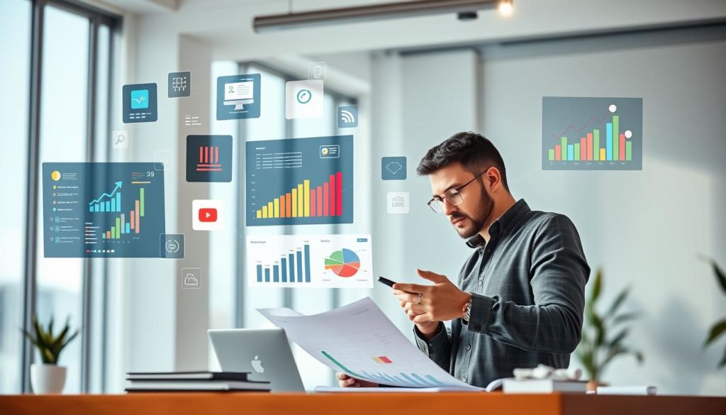 A dynamic digital marketing strategy unfolds, with sleek icons, colorful graphs, and intuitive dashboards floating in a modern, minimalist workspace. A focused entrepreneur scrutinizes the data, planning their next automated campaign with precision. Soft natural lighting filters through panoramic windows, creating a sense of clarity and purpose. In the background, abstract shapes and gradients suggest the interconnected web of digital tools and platforms powering this efficient, data-driven approach to marketing automation.