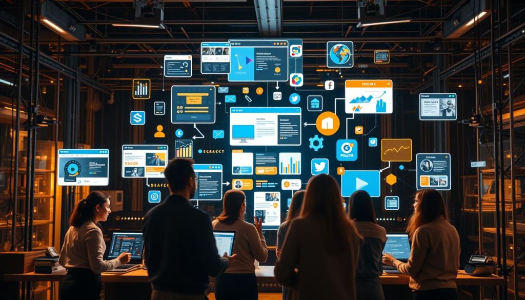 A dynamic digital marketing strategy unfolds, with various online channels and tactics seamlessly integrated. In the foreground, a team of professionals collaborates, discussing data-driven campaigns and optimizing user experiences. In the middle ground, vibrant web pages, social media posts, and email newsletters come to life, captivating the target audience. In the background, a sleek technological infrastructure hums, powering real-time analytics and automated workflows. The scene is bathed in a warm, golden light, conveying a sense of efficiency, innovation, and strategic prowess. The overall atmosphere radiates the power of online marketing to drive business growth and success.