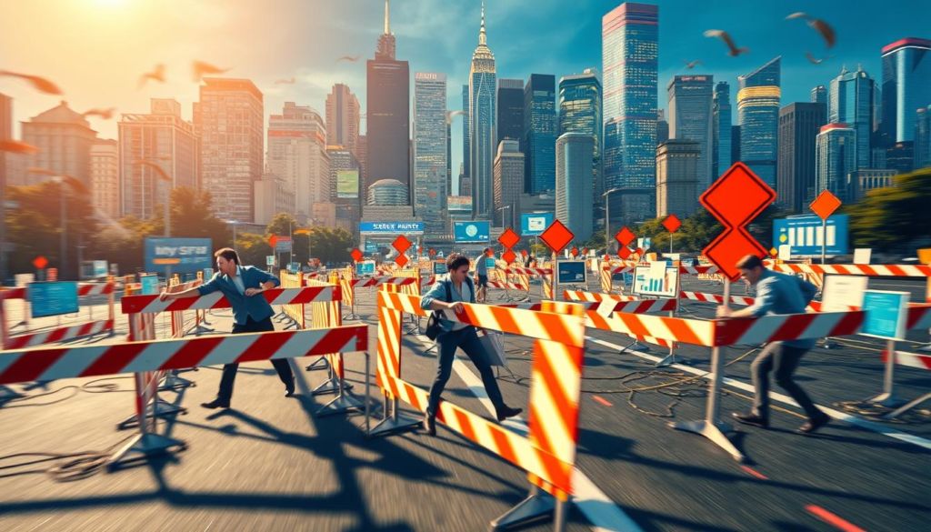 A dynamic, fast-paced scene depicting the challenges of agile marketing. In the foreground, a team of digital marketers navigates a maze of obstacles and roadblocks, each symbolizing the complexities of rapid iteration, data-driven decision making, and shifting consumer trends. The middle ground features a tangle of digital devices and analytics dashboards, hinting at the information overload and the need for adaptability. In the background, a vibrant, ever-changing cityscape represents the unpredictable, ever-evolving landscape in which agile marketers must operate. Bright, bold colors and a sense of motion convey the energy and urgency of agile marketing. Dramatic lighting and a low camera angle add drama and a feeling of tension to the scene.
