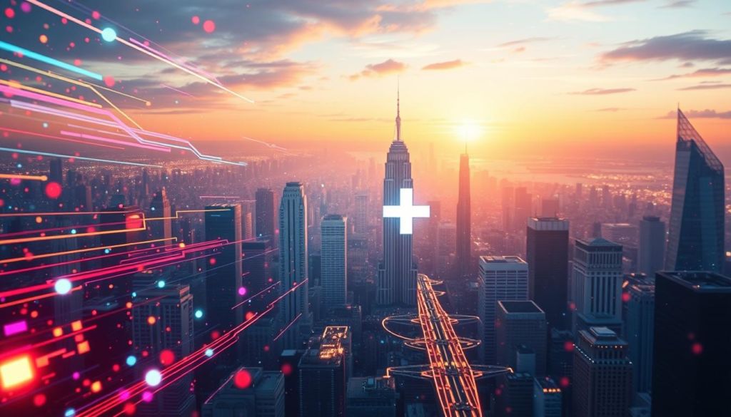 A dynamic, futuristic digital landscape with the Google Plus icon as the central focus. In the foreground, vibrant data streams and digital particles swirl around the iconic Plus symbol, representing the impact and integration of Google Plus within the digital marketing landscape. The middle ground features a cityscape of towering skyscrapers and technological infrastructure, symbolizing the vast reach and influence of digital marketing. The background is bathed in a warm, ethereal glow, conveying a sense of progress and innovation. The overall scene should evoke a feeling of energy, connectivity, and the transformative power of Google Plus in the world of digital marketing.