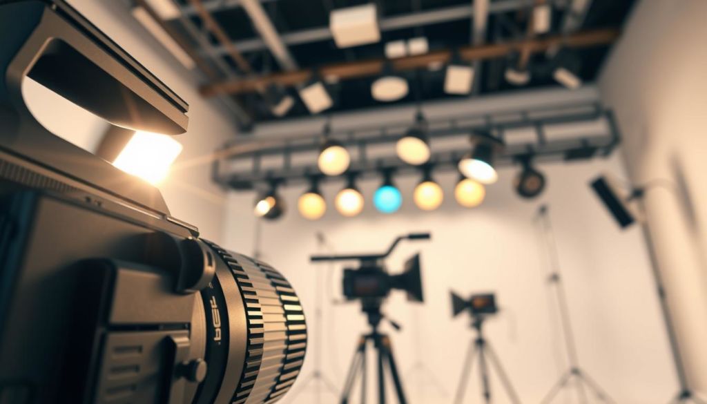 A dynamic, impactful video tips illustration showcasing a striking close-up of various video production equipment and tools. The foreground features a high-quality camera with a sleek, professional design, capturing the viewer's attention. In the middle ground, an array of studio lighting with soft, diffused illumination creates a warm, inviting atmosphere. The background subtly blends into a clean, minimal studio setting, allowing the focus to remain on the key video elements. Subtle camera lens flares and a slightly tilted camera angle add a sense of energy and movement, reflecting the dynamic nature of video creation. The overall composition conveys a sense of professionalism, creativity, and the key tips for crafting an effective institutional video.