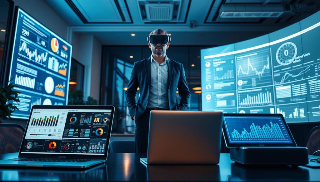 A dynamic office scene, with a professional salesperson standing at the center, surrounded by state-of-the-art technology. In the foreground, a sleek laptop and a high-resolution tablet display sales analytics and customer data. In the middle ground, a virtual reality headset and a holographic projector showcase the latest interactive sales tools. The background features a large, curved display screen, displaying real-time market trends and sales forecasts. The lighting is a balanced mix of warm, focused task lighting and cool, ambient overhead illumination, creating a professional and productive atmosphere. The overall mood conveys the power of technology to enhance and streamline the sales process, leading to greater efficiency and success.