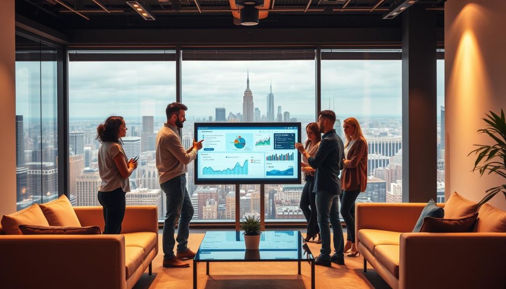 A dynamic office setting with a team of marketing professionals collaborating on a digital campaign. In the foreground, a group is gathered around a large touchscreen display, analyzing data and discussing strategies. The middle ground features a modern, minimalist workspace with sleek furniture and state-of-the-art technology. The background showcases a stunning cityscape, hinting at the global reach and impact of their marketing efforts. Warm, directional lighting emphasizes the focus and intensity of the team's work, while a sense of energy and determination permeates the scene. The overall composition conveys the pivotal role of marketing in qualifying and nurturing high-potential leads.