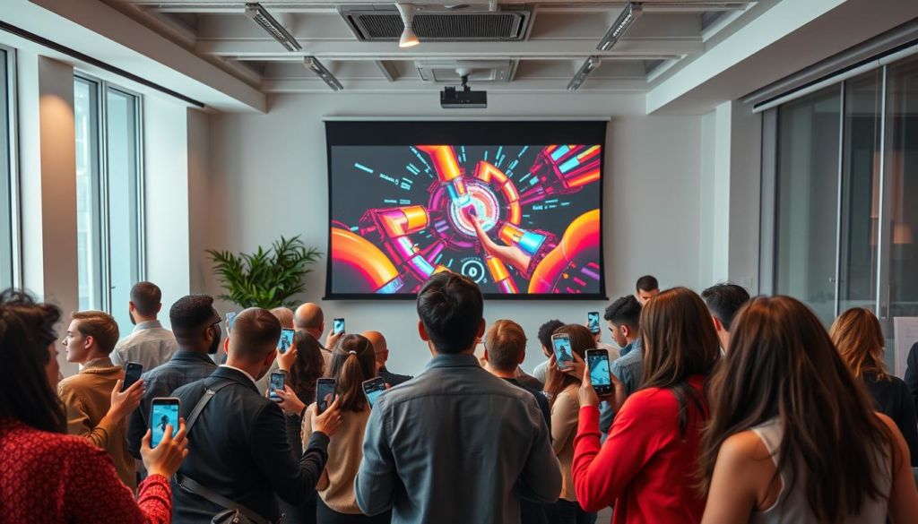 A dynamic scene depicting the intersection of social media and creative advertising. In the foreground, a group of diverse people animatedly engage with their smartphones, immersed in the digital landscape. In the middle ground, a projection screen displays a captivating and visually striking advertisement, showcasing the power of creative content to capture attention. The background features a sleek, modern office space, with clean lines and bold pops of color, suggesting the professional environment where these creative ideas are born. The lighting is soft and diffused, creating a sense of energy and movement, while the camera angle is slightly elevated, providing a bird's-eye view of the interconnected elements. The overall mood is one of innovation, collaboration, and the seamless integration of technology and creativity.