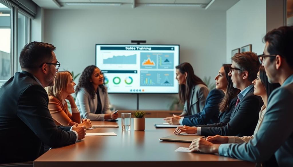 A dynamic team of business professionals engaged in lively discussion, gathered around a conference table in a well-lit, modern office space. The foreground features attentive faces illuminated by soft, natural light filtering through large windows. The middle ground showcases a presentation screen displaying data visualizations, highlighting the active sales training in progress. The background subtly frames the scene, with minimalist decor and warm, earthy tones creating a professional, yet collaborative atmosphere conducive to strategic planning and skill-building. The overall mood conveys a sense of focus, energy, and a commitment to mastering the art of effective prospecting.
