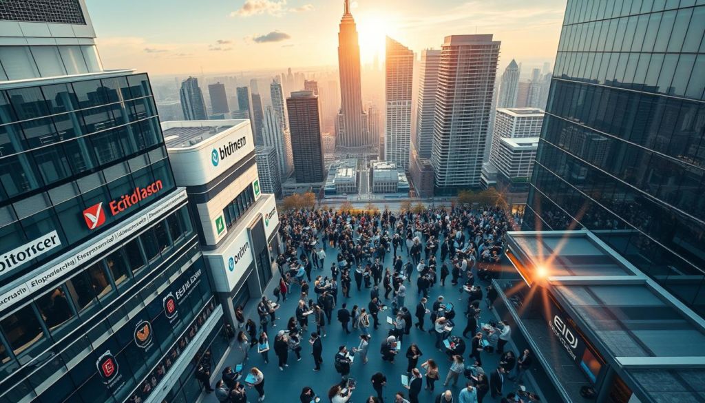A dynamic, top-down view of a thriving EAD (Distance Education) business ecosystem. In the foreground, a cluster of modern, glass-walled office buildings housing various EdTech companies, their logos visible on sleek facades. In the middle ground, bustling crowds of students and professionals navigating seamless digital platforms, laptops and tablets in hand. The background features a vibrant cityscape, skyscrapers reaching towards a warm, sun-dappled sky, symbolizing the rapid expansion of the EAD industry. Lens flares and a shallow depth of field convey a sense of energy and progress, while muted tones and clean lines evoke a professional, technology-driven atmosphere.