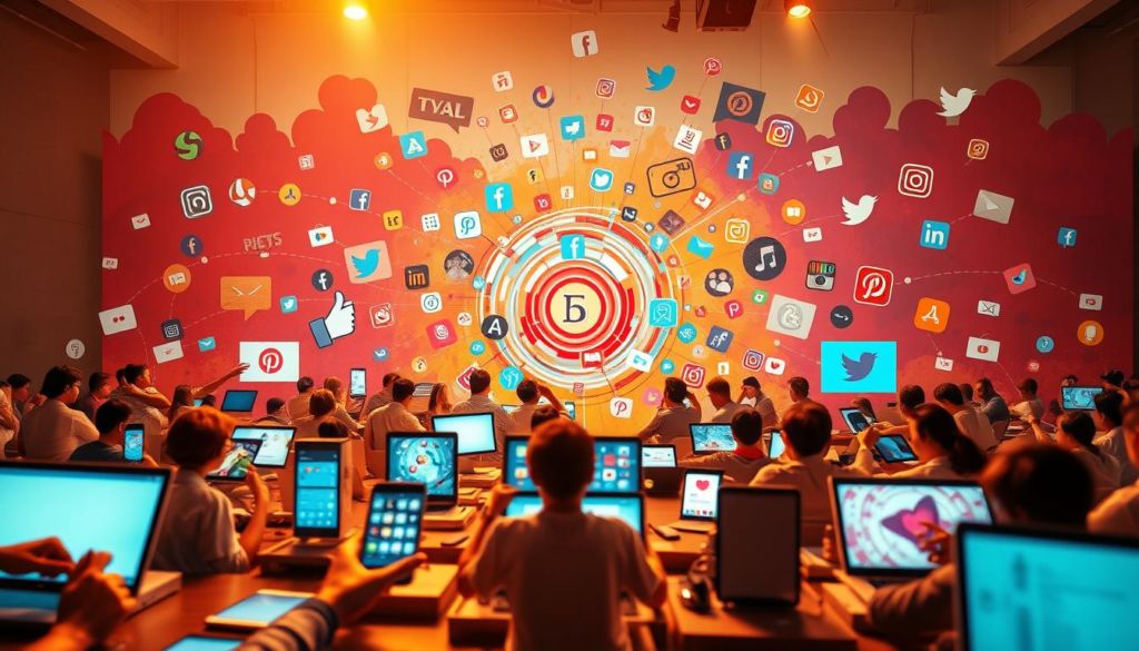 A dynamic, vibrant social media landscape, with a diverse array of interconnected platforms and devices. In the foreground, a central hub of activity - smartphones, laptops, and tablets all buzzing with digital interactions and user-generated content. In the middle ground, a swirling vortex of hashtags, likes, shares, and comments, representing the constant flow of information and engagement. The background painted with bold, saturated hues, suggestive of the emotional and psychological impact of social media on the modern consumer experience. Warm, ambient lighting illuminates the scene, casting a sense of energy and immediacy. Captured through a wide-angle lens, the image conveys the all-encompassing, immersive nature of social media's role in shaping customer journeys and brand relationships.