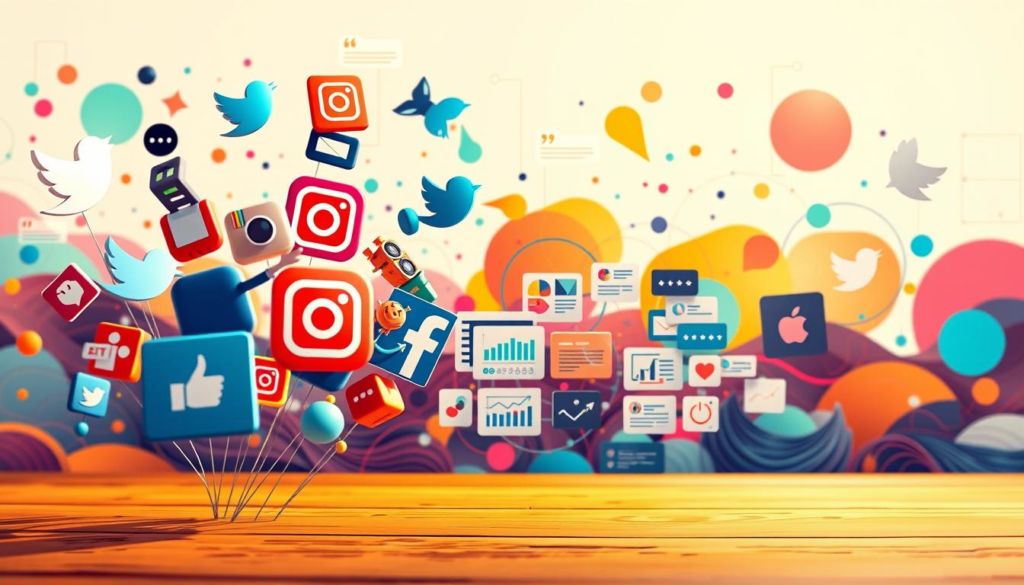 A dynamic, visually engaging illustration depicting the use of social media as powerful marketing tools. In the foreground, a group of diverse social media icons - Twitter bird, Instagram camera, Facebook thumbs-up, and others - hover and interact, symbolizing the interconnectivity of online platforms. In the middle ground, a collage of digital marketing elements such as infographics, charts, and customer testimonials showcases the analytical and engagement capabilities of social media. The background features a vibrant, abstract landscape of colorful shapes and lines, evoking the fast-paced, ever-evolving nature of the digital marketing landscape. Warm, natural lighting casts a sense of approachability, while a slightly elevated camera angle conveys the omnipresence and influence of social media in modern marketing strategies.
