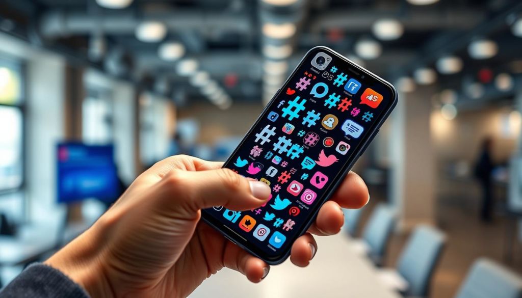 A dynamic, visually striking image showcasing the strategic use of hashtags on a mobile device screen. In the foreground, a hand holds a smartphone, the screen displaying a grid of trending hashtags in various sizes and colors, capturing the vibrant and engaging nature of this marketing technique. The middle ground features an array of social media icons and UI elements, creating a digital, tech-savvy atmosphere. In the background, a blurred, out-of-focus cityscape or office environment suggests the wider context of digital marketing and social media engagement. The overall composition conveys a sense of energy, modernity, and the importance of leveraging hashtags to increase visibility and engagement on social media platforms.