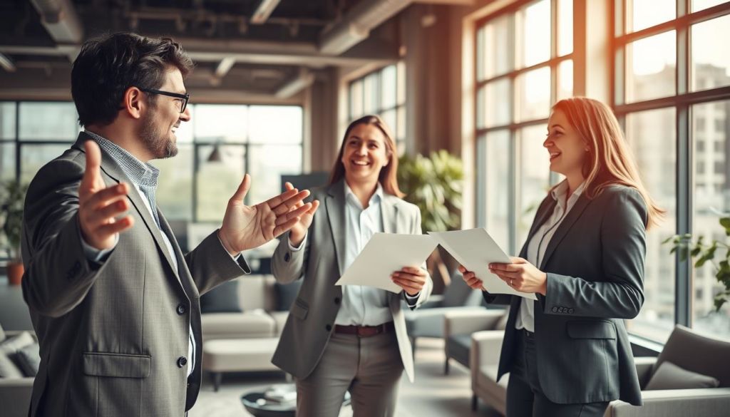 A dynamic, well-lit office environment showcasing three successful entrepreneurs engaged in a lively discussion. In the foreground, two individuals in business attire gesture animatedly, their expressions conveying a sense of triumph and confidence. In the middle ground, a third person nods enthusiastically, papers in hand, highlighting the collaborative nature of their endeavor. The background features sleek, modern furnishings and floor-to-ceiling windows, bathing the scene in a warm, natural light that amplifies the positive energy of the space. The overall composition radiates a mood of achievement, innovation, and the thrill of realizing a vision.