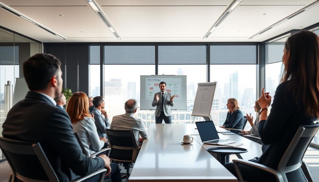 A dynamic, well-lit training session for a sales team. In the foreground, a group of engaged sales professionals intently focused on the presenter, who stands at the head of a conference table, delivering an animated lecture. The middle ground features modern office furnishings - sleek desks, ergonomic chairs, and a large whiteboard displaying sales strategy concepts. The background showcases floor-to-ceiling windows overlooking a vibrant cityscape, natural light flooding the room and creating a sense of openness and inspiration. The overall atmosphere evokes a forward-thinking, collaborative environment conducive to effective sales training and team development.