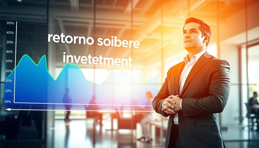A financial graph depicting "retorno sobre investimento" (return on investment) against a backdrop of a modern, well-lit office space. The graph is rendered in vibrant shades of blue and green, its lines rising and falling to illustrate the ebb and flow of investment returns. In the foreground, a confident business person stands, hands clasped, gazing intently at the data, symbolizing the importance of careful analysis and strategic decision-making when it comes to investing in professional advisory services. The scene is bathed in warm, natural lighting, creating a sense of professionalism and authority. The overall composition conveys the value of a good business advisory, helping to guide important financial decisions.