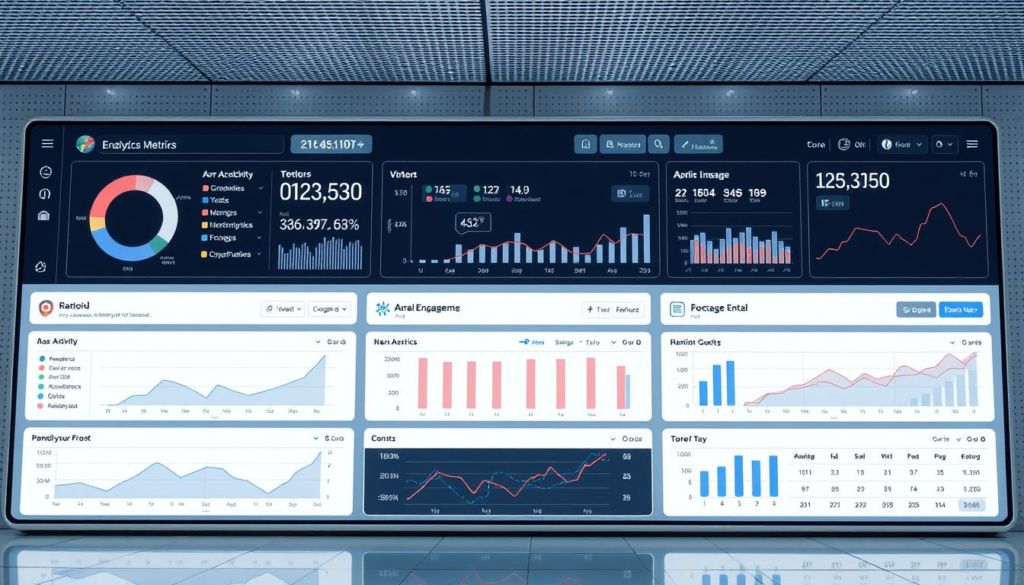A finely crafted dashboard displaying real-time engagement metrics, with clean and intuitive visualizations. The foreground features various graphs, charts, and analytics tools, providing a detailed overview of user activity, content performance, and audience behavior. The middle ground showcases a central panel with customizable data aggregation and filtering options, allowing for a deep dive into engagement trends. The background is a minimalist, technology-inspired setting with subtle grid patterns and muted color tones, creating a professional and data-driven atmosphere. Soft, directional lighting emphasizes the clarity and emphasis of the displayed information, inviting the viewer to analyze and interpret the engagement data at hand.