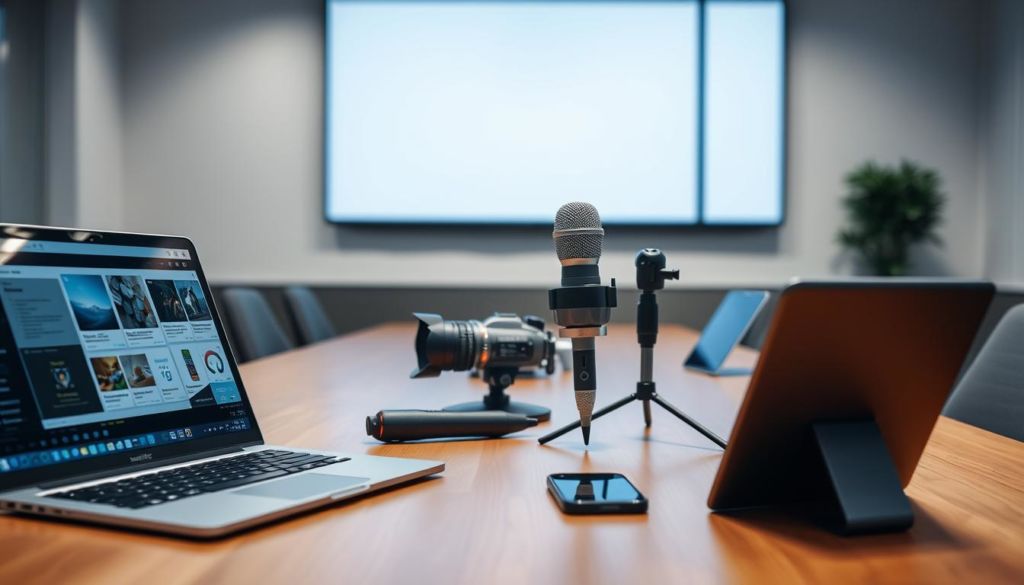 A focused, organized conference table with a variety of modern marketing tools and technologies. In the foreground, a sleek laptop, a tablet, and a smartphone are neatly arranged, their screens displaying relevant data and software. In the middle ground, a high-quality camera, a professional-grade microphone, and a wireless presentation clicker are placed strategically. The background features a large, high-resolution display screen, providing a clear visual aid for the meeting. The lighting is bright and evenly distributed, creating a productive and collaborative atmosphere. The overall scene conveys a sense of efficiency, professionalism, and technological integration, suitable for a successful marketing team meeting.