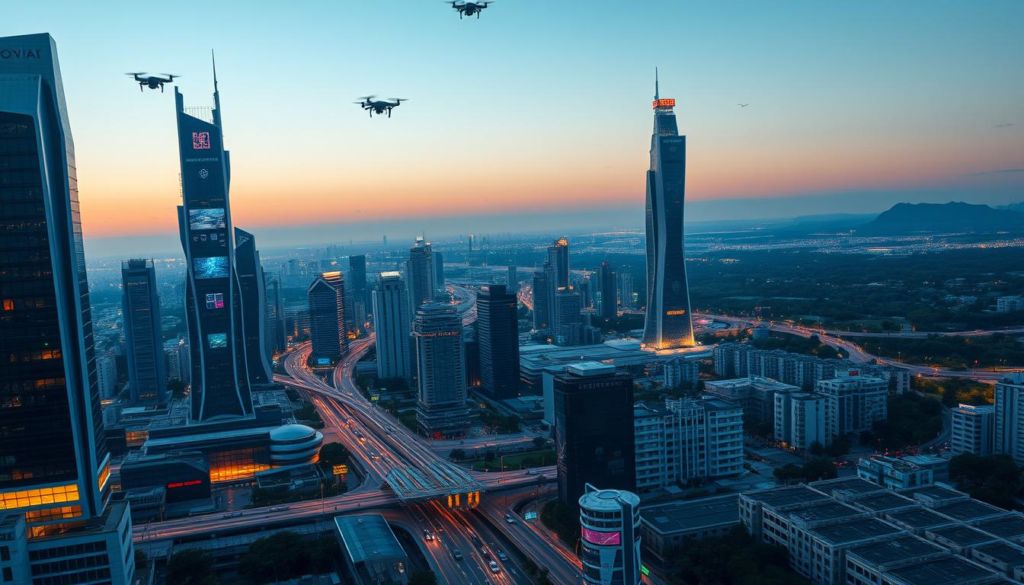 A futuristic cityscape at dusk, bathed in a warm, ambient glow. Towering skyscrapers with sleek, minimalist designs incorporating advanced IoT technology - sensors, screens, and interconnected systems. In the foreground, a bustling urban landscape with autonomous vehicles, drones, and pedestrians engaged with smart devices. The mid-ground features a sprawling network of interconnected infrastructure, power grids, and data hubs. In the background, a panoramic vista of a lush, verdant landscape, hinting at the harmonious integration of nature and technology. The scene conveys a sense of progress, efficiency, and the seamless fusion of the physical and digital realms, reflecting the promise of the future of the Internet of Things.