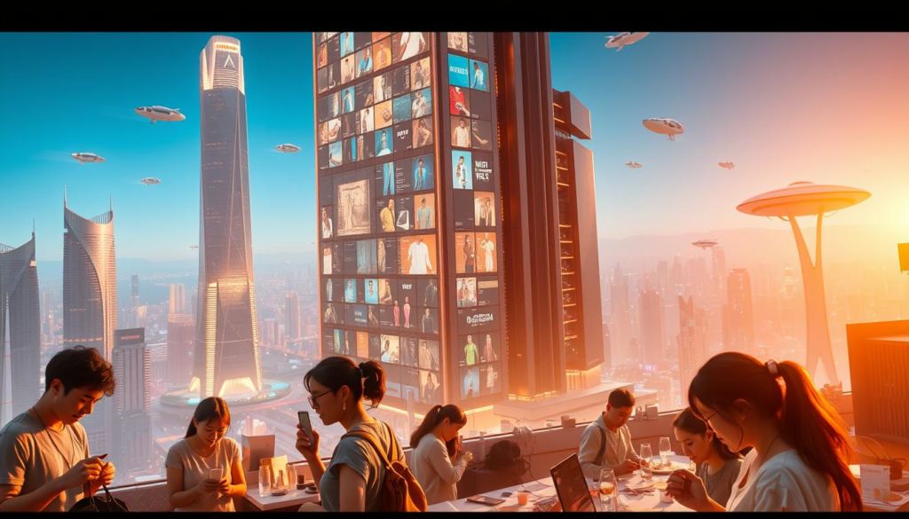 A futuristic cityscape, bathed in a warm, golden glow. In the foreground, a group of people engage in customizing various products, their faces alight with excitement and creativity. The middle ground features a towering, sleek skyscraper, its facade adorned with holographic displays showcasing personalized merchandise. In the background, a vast, technological landscape unfolds, with floating transport vehicles and interconnected smart devices hinting at the seamless integration of personalization in daily life. The scene exudes a sense of progress, innovation, and the empowerment of individual expression, capturing the essence of "the future of product personalization."