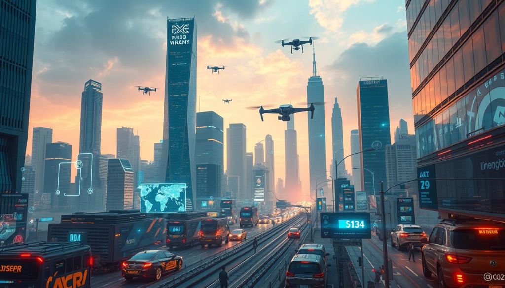 A futuristic cityscape depicting the convergence of augmented reality and artificial intelligence. Sleek, towering skyscrapers with holographic displays and interactive facades populate the foreground, seamlessly blending digital and physical realms. Holograms and scattered AR overlays float amidst the cityscape, showcasing innovative applications of these emerging technologies. In the middle ground, autonomous vehicles and drones navigate the urban landscape, while citizens engage with smart devices and immersive AR applications. The background is bathed in a warm, vibrant glow, evoking a sense of progress and innovation. The overall scene conveys a vision of the future where AR and AI have become integral to the way we live, work, and interact with our environment.
