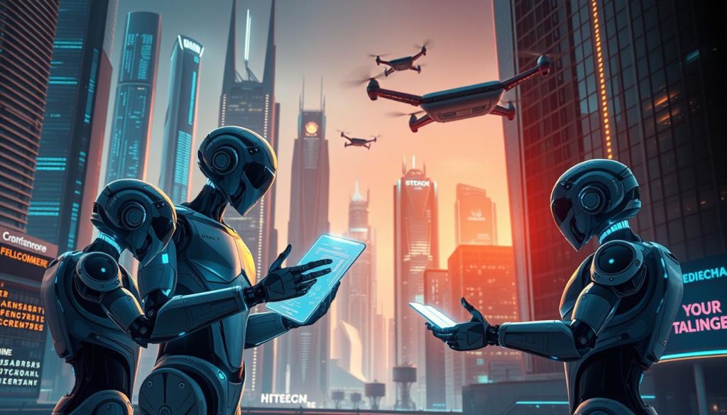 A futuristic cityscape, dominated by towering skyscrapers and sleek, advanced architecture. In the foreground, a group of sophisticated sales bots interact with holographic displays, negotiating deals and closing transactions with lightning-fast efficiency. The bots are imbued with an air of intelligence and autonomy, their movements fluid and their decision-making seamless. In the middle ground, autonomous delivery drones zip through the air, transporting goods to customers with unprecedented speed and precision. The background is bathed in a warm, neon-tinged glow, creating an atmosphere of technological progress and innovation. The scene conveys a sense of the future of sales, where artificial intelligence and automation have transformed the industry, allowing businesses to operate with unparalleled efficiency and responsiveness.