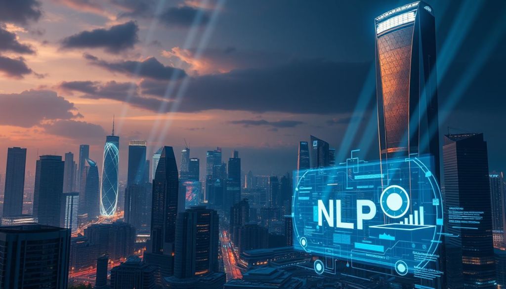 A futuristic cityscape with towering skyscrapers and sleek, advanced architecture. The skyline is dominated by a massive, gleaming structure that appears to be a state-of-the-art natural language processing (NLP) research center. Beams of light emanate from the building, illuminating the darkened sky. In the foreground, holographic displays and digital interfaces showcase the latest NLP technologies, including neural networks, deep learning algorithms, and language models. The atmosphere is one of innovation, progress, and the limitless potential of NLP to transform the way we interact with technology and each other.