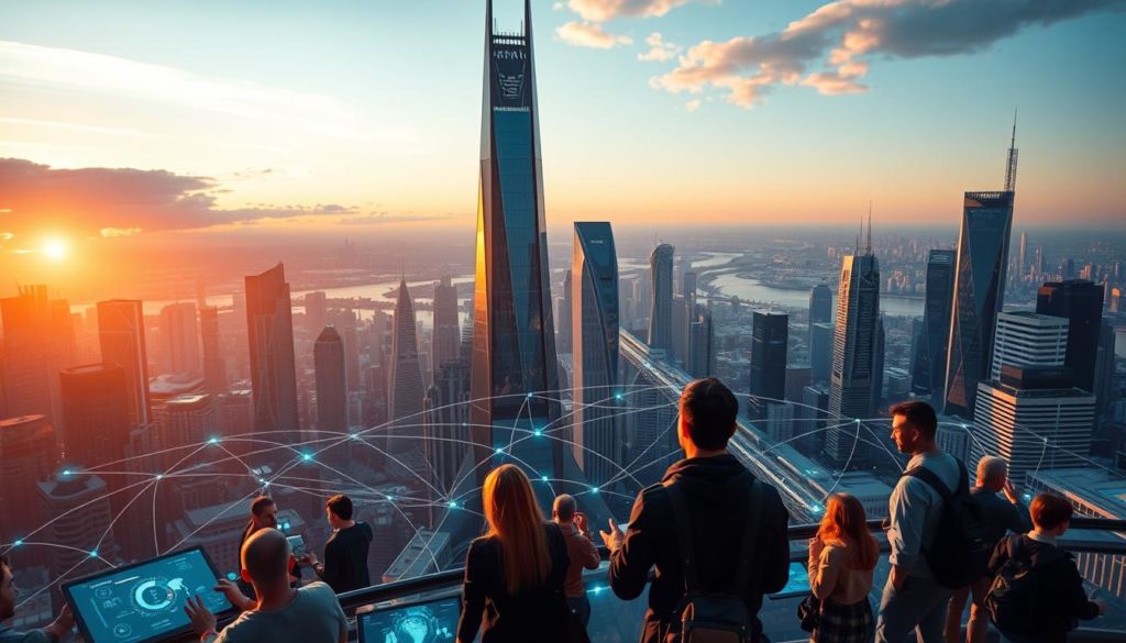 A futuristic cityscape with towering skyscrapers and sleek, high-tech architecture, bathed in a warm, vibrant glow of sunset light. In the foreground, a group of people interact with holographic displays and touch-screen interfaces, their expressions focused and engaged. The middle ground features a web of interconnected data cables, pulsing with digital energy, weaving between the buildings. In the background, a vast, dynamic skyline stretches out, hinting at the seamless integration of technology into every aspect of modern life. The scene conveys a sense of progress, innovation, and the central role technology plays in shaping our world.