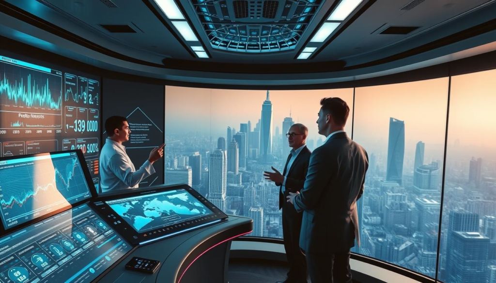 A futuristic control room with high-tech displays, holographic interfaces, and complex data visualizations. The foreground features a central dashboard with a large, curved screen displaying predictive analytics models, trend lines, and dynamic forecasting algorithms. In the middle ground, scientists and analysts in smart casual attire examine the data, gesturing and interacting with the system. The background reveals a panoramic view of a sprawling, hyper-connected city, with towering skyscrapers, bustling streets, and a hazy, neon-tinged atmosphere. Soft, directional lighting bathes the scene in a coolly efficient, technological ambiance, underscoring the power and precision of predictive analysis.