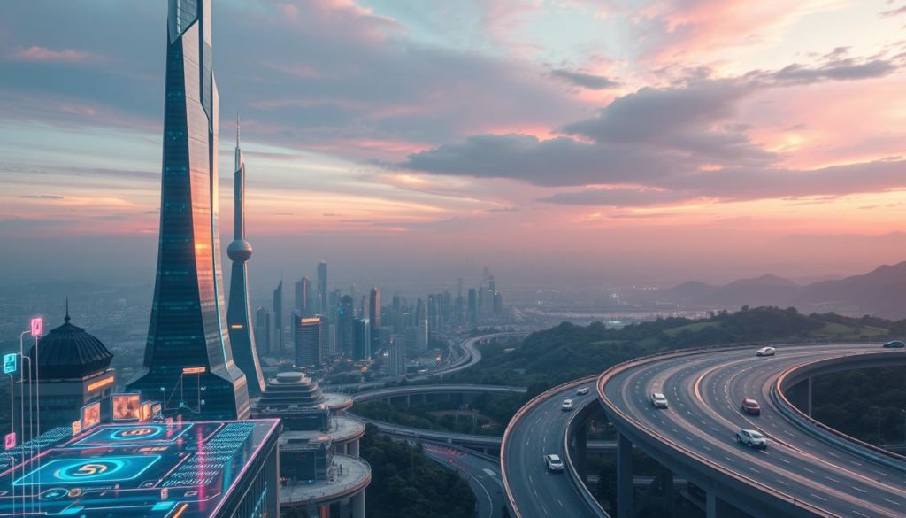 A futuristic, digital-inspired landscape unfolds, with towering structures of gleaming glass and steel reaching towards a vibrant, neon-tinged sky. In the foreground, holographic displays and interactive interfaces shimmer, showcasing the latest advancements in technology. The middle ground features a bustling cityscape, where autonomous vehicles navigate seamlessly along sleek, elevated roadways. In the background, a vast expanse of rolling hills and lush greenery hints at a harmonious integration of nature and the digital realm. Soft, diffused lighting casts an ethereal glow, evoking a sense of wonder and optimism for the future of the digital-first world.