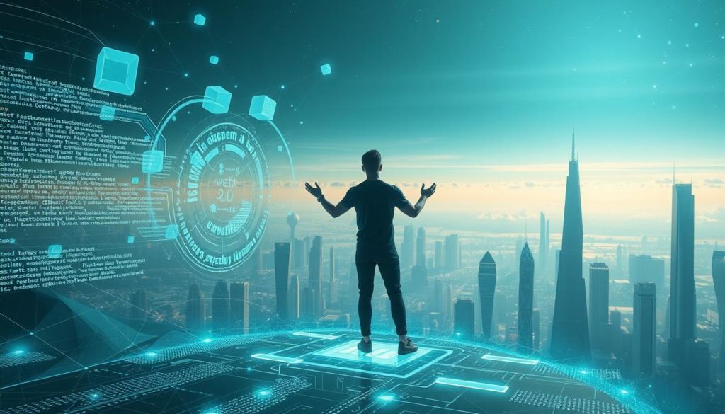 A futuristic digital landscape, with a central figure representing the "web 4.0" concept. In the foreground, a human silhouette stands poised, hands extended, interfacing with a holographic display. Surrounding them, a swirl of digital elements - lines of code, floating data cubes, and pulsing energy fields. The middle ground features a cityscape of towering, semi-transparent towers, their forms constantly shifting and evolving. In the background, a horizon of gently glowing clouds and a starry sky, hinting at the boundless possibilities of the web 4.0 era. Bathed in a cool, teal-tinged lighting, the scene conveys a sense of wonder, anticipation, and technological advancement.