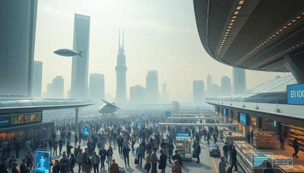 A futuristic, hazy cityscape with sleek, gleaming skyscrapers and hovering autonomous vehicles. In the foreground, a bustling open-air marketplace teeming with diverse crowds engaged in seamless, app-driven transactions. Holographic displays and virtual assistants guide shoppers, as smart logistics systems synchronize deliveries. The overall atmosphere conveys a sense of technological sophistication and sustainable efficiency, hinting at the evolving role of marketplaces in an increasingly digital world.