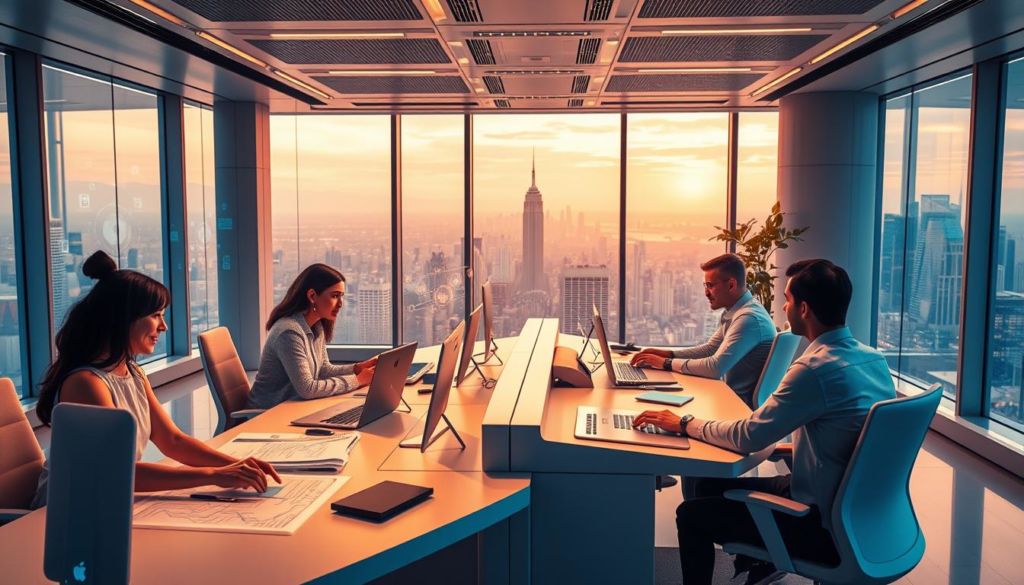 A futuristic office interior with a warm, inviting atmosphere. The foreground features a team of inside sales professionals collaborating at sleek, minimalist desks, their faces alight with focused determination. The middle ground showcases cutting-edge sales technology, including interactive holographic displays and voice-controlled virtual assistants. In the background, floor-to-ceiling windows offer a panoramic view of a bustling cityscape, hinting at the global reach and potential of the inside sales operation. Soft, diffused lighting imbues the scene with a sense of productivity and innovation, reflecting the dynamic and evolving nature of the inside sales field.