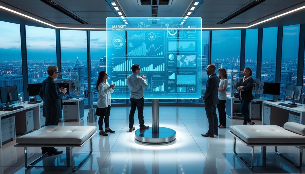 A futuristic research laboratory with a central holographic display showcasing market trends and data visualizations. The space is filled with advanced technological devices, sleek furniture, and a minimalist color palette of blues, grays, and whites. Ambient lighting creates a calm, contemplative atmosphere, while large windows provide a panoramic view of a bustling cityscape in the background. The researchers, dressed in modern attire, are engaged in animated discussions, analyzing the insights presented on the hologram. The overall scene conveys a sense of cutting-edge innovation, data-driven decision-making, and a vision for the future of market research.