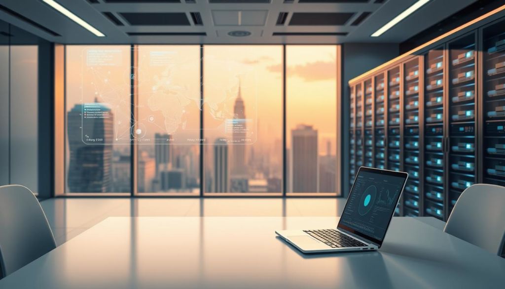A futuristic, sleek office workspace with a focus on machine learning and AI technology. In the foreground, a minimalist desk with a laptop displaying abstract data visualizations. Hovering above the desk, a transparent holographic display showcases intricate machine learning algorithms. The middle ground features a floor-to-ceiling window overlooking a dynamic cityscape, bathed in warm, diffused lighting. In the background, a state-of-the-art server rack emits a soft, ambient glow, symbolizing the powerful computational resources powering the machine learning systems. The overall atmosphere is one of innovation, efficiency, and the absence of distractions like Google Ads, emphasizing the importance of data-driven decision making.
