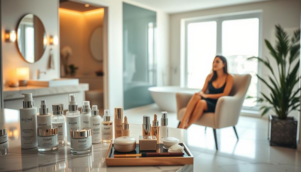 A graceful and serene scene of a modern beauty and self-care sanctuary. In the foreground, an array of luxurious skincare products and makeup essentials arranged on a marble countertop, reflecting the warm glow of soft ambient lighting. In the middle ground, a young woman sits comfortably in a plush armchair, immersed in her morning ritual, her face radiating a natural, healthy glow. The background reveals a tranquil, minimalist bathroom space, with clean lines, earthy tones, and a large window allowing natural light to flood the room, creating a calming, spa-like atmosphere. The overall mood is one of relaxation, indulgence, and a celebration of personal beauty and wellness.