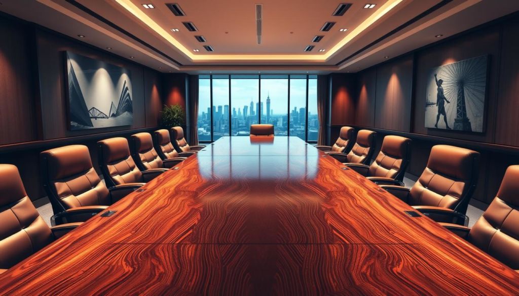 A grand boardroom table, the centerpiece of an elegant executive meeting space. Plush leather chairs surround it, casting warm reflections on the polished wood surface. Recessed lighting casts a soft glow, casting dramatic shadows that highlight the intricate woodwork. The walls are adorned with sleek, modern art pieces, conveying a sense of sophistication and refinement. Through large windows, a city skyline is visible, hinting at the power and influence held within these walls. This is the setting for discussing "Métodos para Definir Preços Atraentes" - a high-stakes conversation about crafting compelling pricing strategies in a competitive market.