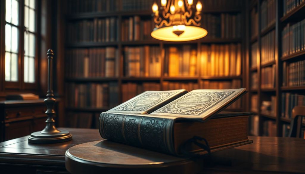 A grand, old leather-bound book titled "The History of Copywriting" rests on a mahogany desk, bathed in warm, golden light from a desk lamp. The book's ornate cover is embossed with intricate patterns, hinting at the rich history within. In the background, a dimly lit library shelves reach up to the high ceilings, filled with volumes chronicling the evolution of persuasive writing. A wooden stool stands ready, inviting the viewer to delve into this captivating tale of how the art of copywriting was forged over centuries, shaping the way we communicate and influence the world.