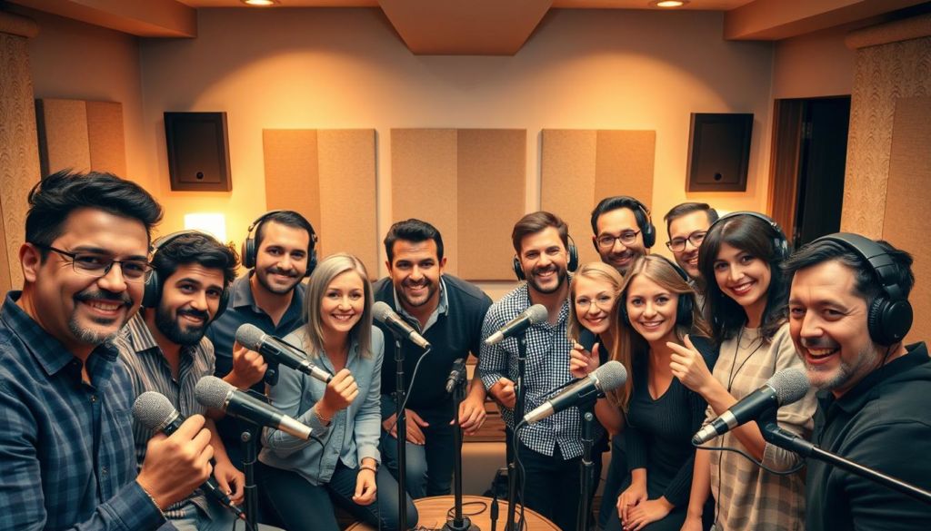 A group of charismatic podcasters gathered in a cozy, well-lit studio, microphones and headphones at the ready. In the foreground, a diverse ensemble of men and women with engaging expressions and dynamic poses, capturing the energy and enthusiasm of their craft. In the middle ground, sleek, modern recording equipment and soundproofing panels, hinting at the technical expertise behind the scenes. In the background, a minimalist, but stylish decor with tasteful accents, creating a professional yet inviting atmosphere. The lighting is warm and natural, casting a soft glow that highlights the podcasters' faces and the tools of their trade. An aura of creativity, passion, and expert storytelling permeates the scene, inviting the viewer to imagine the captivating conversations unfolding within.