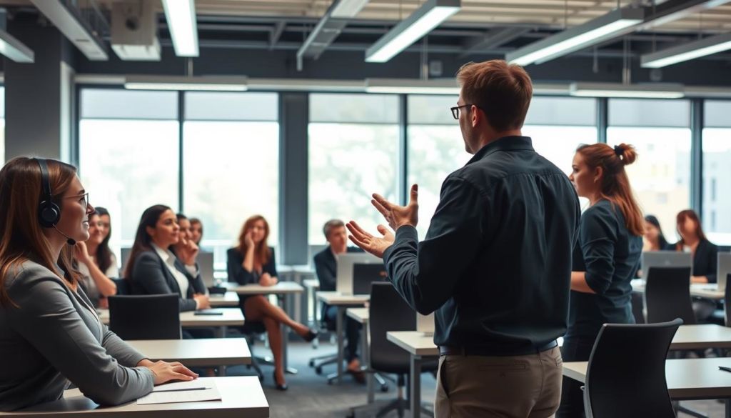 A group of customer service representatives diligently attending a training session in a modern, well-lit office setting. In the foreground, they are focused on their instructor, who is standing at the front of the room and gesturing animatedly, conveying important information. The middle ground features rows of desks and chairs, creating a sense of structure and organization. In the background, large windows allow natural light to stream in, creating a bright and uplifting atmosphere. The overall scene emanates a sense of professionalism, camaraderie, and a commitment to providing excellent customer service through thorough and engaging training.
