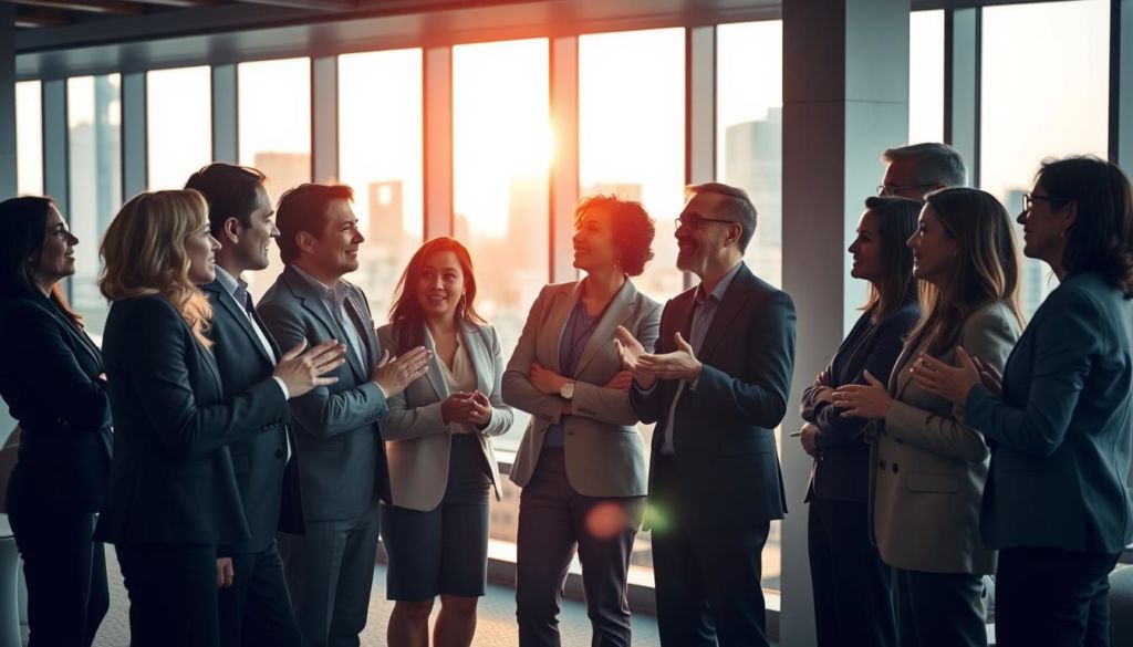 A group of diverse business leaders standing confidently in a modern office setting, illuminated by warm, natural lighting filtering through large windows. They are engaged in animated discussion, hands gesturing as they share ideas and strategies. In the background, a cityscape can be seen, suggesting the global scope of their work. The overall atmosphere conveys a sense of collaboration, innovation, and a shared purpose to guide their organizations to success. The scene captures the essence of "development of leadership" - a group of skilled professionals pooling their expertise to drive positive change.