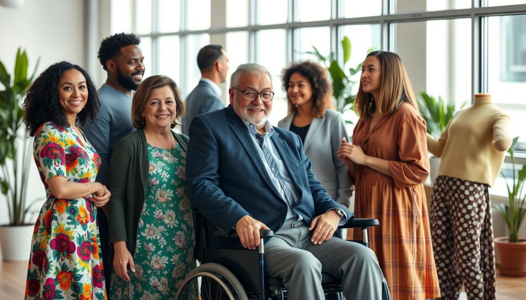 A group of diverse individuals, each with distinct personalities and characteristics, standing in a bright, warm-lit office setting. The foreground features a young woman in a colorful dress, an older man in a suit, and a person with a disability using a wheelchair. In the middle ground, a group of coworkers engage in conversation, their body language and expressions conveying a sense of collaboration and inclusion. The background depicts a modern, open-concept workspace with large windows, potted plants, and minimal decor, creating a professional yet inviting atmosphere. The lighting is soft and diffused, highlighting the subjects' faces and creating a pleasant, approachable mood.
